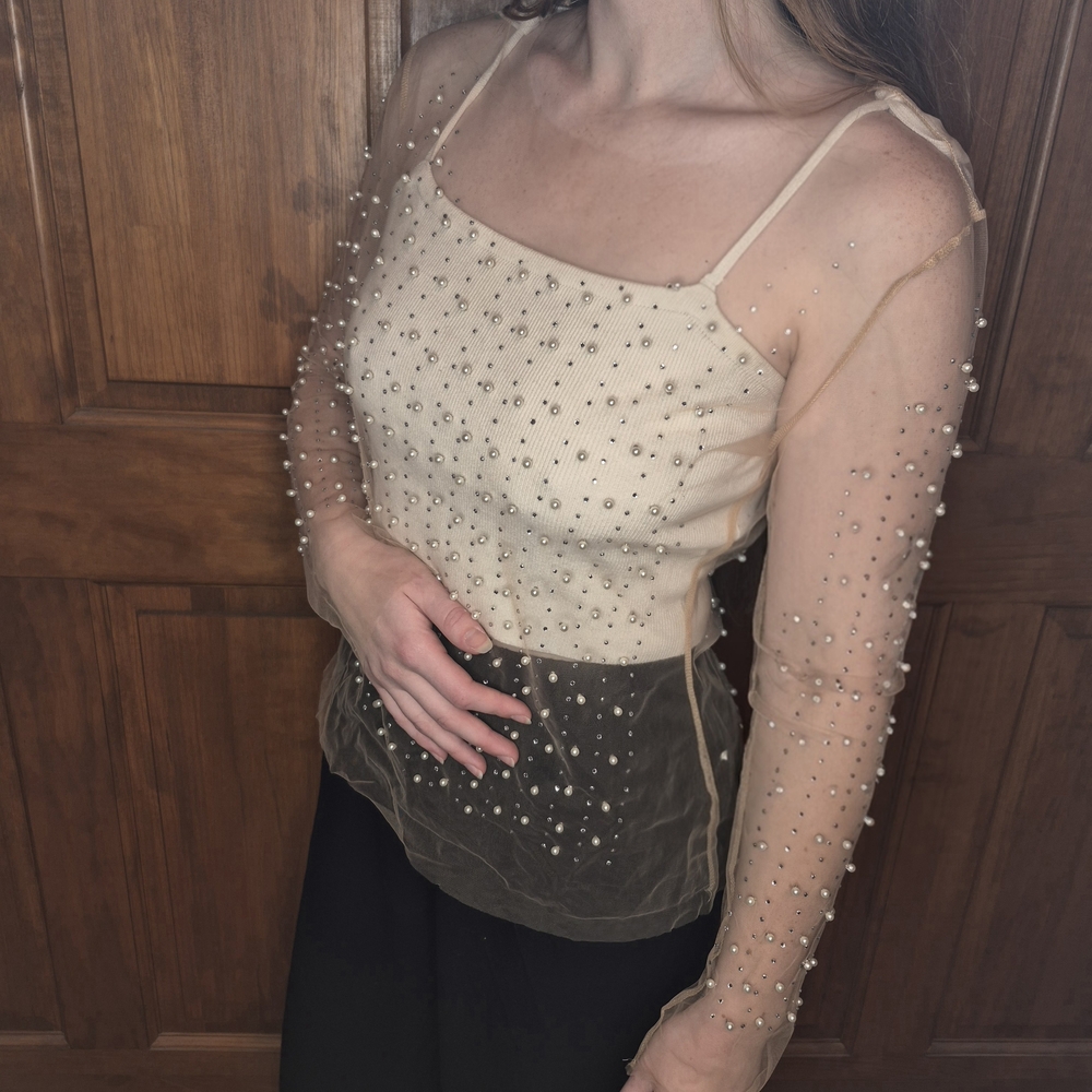 Elegant Cream Sheer Pearl-Embellished Women's Top